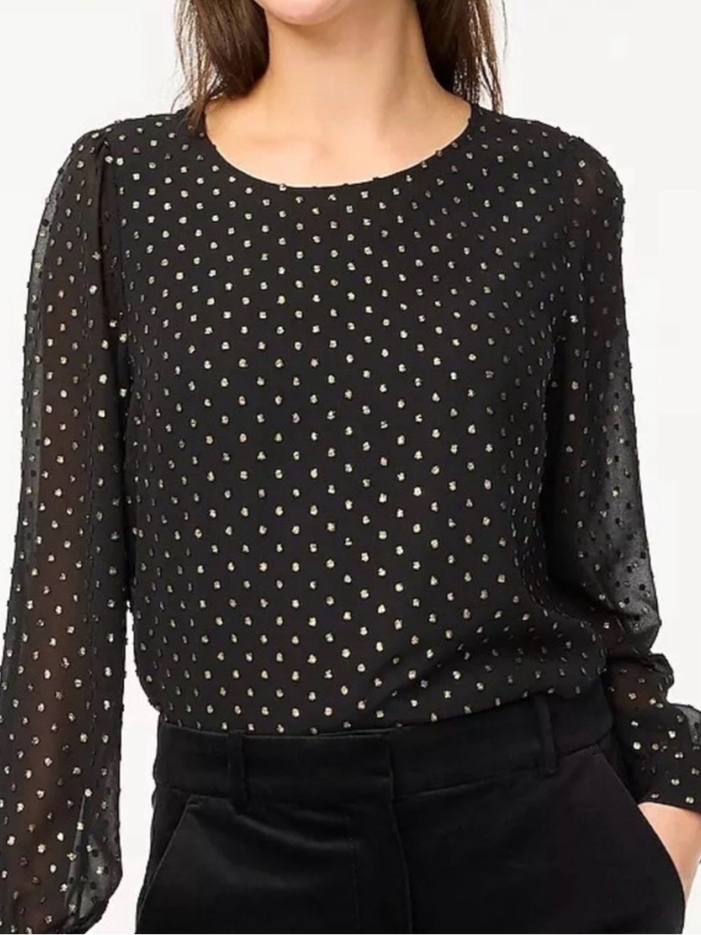 J.Crew Black Gold Metallic Dot Chiffon Blouse Puff Sleeve Top Holiday M